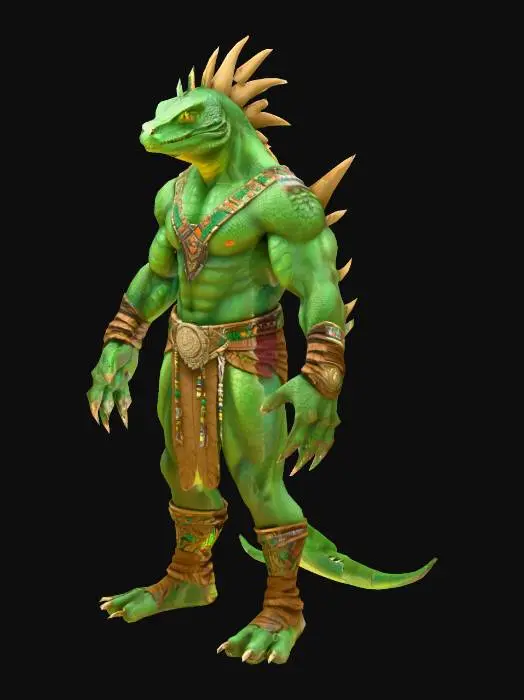 3D model for Lizardman warrior, muscular build, standing in a dynamic heroic pose, bare handed with sharp claws extended like a martial artist ready for battle. Wearing Aztec-inspired clothing: ornamental loincloth, decorative belts, feathered accents and jewelry. Green scales, green eyes, proud and expressive reptilian face. Background of an ancient jungle or temple, dramatic lighting, epic and powerful atmosphere.