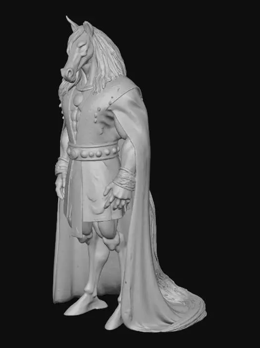 3D model for Anthropomorphic stallion.
Tall and muscular.
Imposing build.
Deep charcoal gray fur.
Striking green eyes.
Black mane.
Long black tail.
Equine head.
Strong jaw.
Expressive ears.
Broad chest.
Powerful arms.
Digitigrade legs.
Black hooves.
Wears a deep green velvet robe.
Gold trim on robe.
Robe is open at the front.
Robe is easy to remove.
Black silk lining inside robe.
Gold arcane embroidery on robe hem.
Wears a gold collar with a central emerald.
Wears gold bracelets with arcane runes.
Wears a gold signet ring with a horseshoe and crescent moon.
Magical mark on left hip: glowing emerald horseshoe encircling a crescent moon with runes.
Subtle magical aura.
Confident, dominant posture.
No other clothing or armor., #villain#