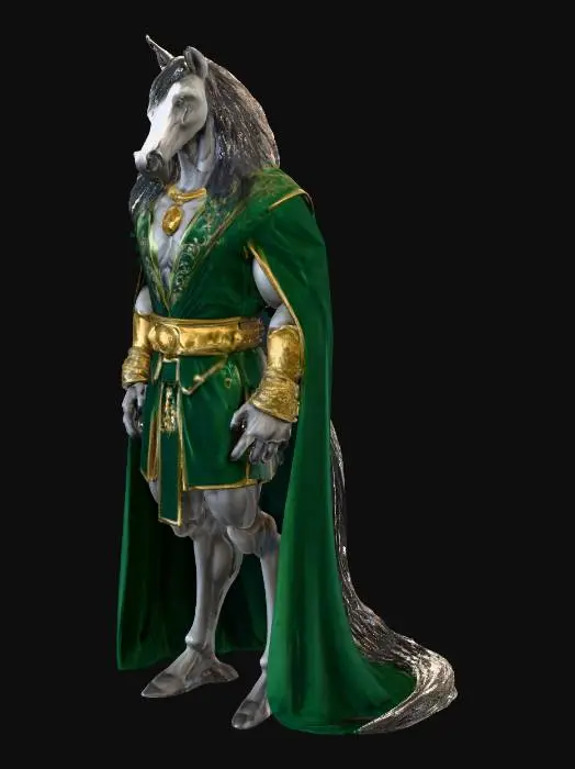 3D model for Anthropomorphic stallion.
Tall and muscular.
Imposing build.
Deep charcoal gray fur.
Striking green eyes.
Black mane.
Long black tail.
Equine head.
Strong jaw.
Expressive ears.
Broad chest.
Powerful arms.
Digitigrade legs.
Black hooves.
Wears a deep green velvet robe.
Gold trim on robe.
Robe is open at the front.
Robe is easy to remove.
Black silk lining inside robe.
Gold arcane embroidery on robe hem.
Wears a gold collar with a central emerald.
Wears gold bracelets with arcane runes.
Wears a gold signet ring with a horseshoe and crescent moon.
Magical mark on left hip: glowing emerald horseshoe encircling a crescent moon with runes.
Subtle magical aura.
Confident, dominant posture.
No other clothing or armor., #villain#