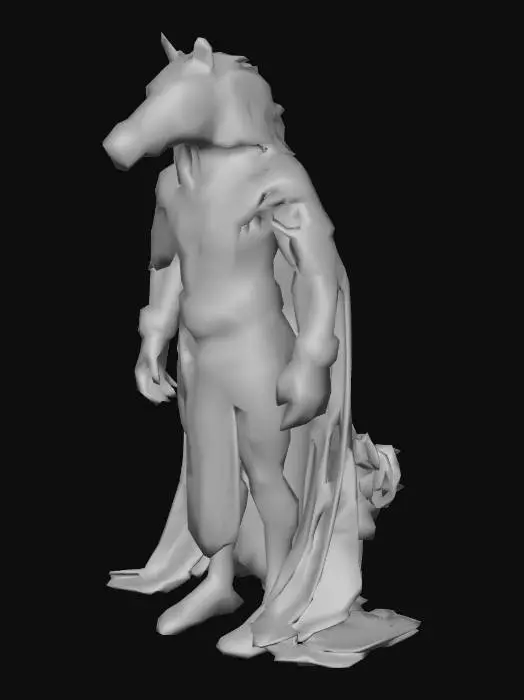 3D model for Anthropomorphic stallion.
Tall and muscular.
Imposing build.
Deep charcoal gray fur.
Striking green eyes.
Black mane.
Long black tail.
Equine head.
Strong jaw.
Expressive ears.
Broad chest.
Powerful arms.
Digitigrade legs.
Black hooves.
Wears a deep green velvet robe.
Gold trim on robe.
Robe is open at the front.
Robe is easy to remove.
Black silk lining inside robe.
Gold arcane embroidery on robe hem.
Wears a gold collar with a central emerald.
Wears gold bracelets with arcane runes.
Wears a gold signet ring with a horseshoe and crescent moon.
Magical mark on left hip: glowing emerald horseshoe encircling a crescent moon with runes.
Subtle magical aura.
Confident, dominant posture.
No other clothing or armor., #villain#