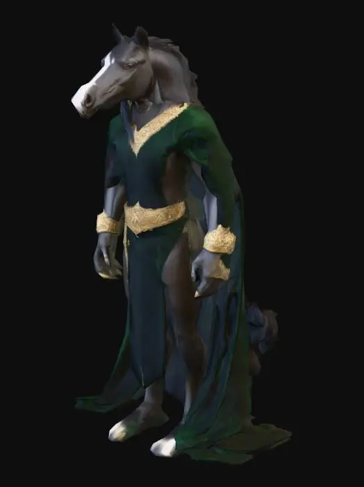 3D model for Anthropomorphic stallion.
Tall and muscular.
Imposing build.
Deep charcoal gray fur.
Striking green eyes.
Black mane.
Long black tail.
Equine head.
Strong jaw.
Expressive ears.
Broad chest.
Powerful arms.
Digitigrade legs.
Black hooves.
Wears a deep green velvet robe.
Gold trim on robe.
Robe is open at the front.
Robe is easy to remove.
Black silk lining inside robe.
Gold arcane embroidery on robe hem.
Wears a gold collar with a central emerald.
Wears gold bracelets with arcane runes.
Wears a gold signet ring with a horseshoe and crescent moon.
Magical mark on left hip: glowing emerald horseshoe encircling a crescent moon with runes.
Subtle magical aura.
Confident, dominant posture.
No other clothing or armor., #villain#