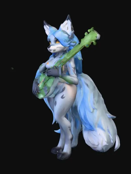 3D model for #Halloween2025#, species anthropomorphic_fox
fur_color gray
sex female
eye_color blue
hair_length long
body_covering few_leaf_clusters
leaf_density minimal
leaf_growth_location torso_and_upper_thighs_only
visible_limbs legs_and_paws_visible
leg_length long
pose location_forest
instrument_type ancient_lute
instrument_position behind_back
lute_strap_position left_shoulder
view full_body