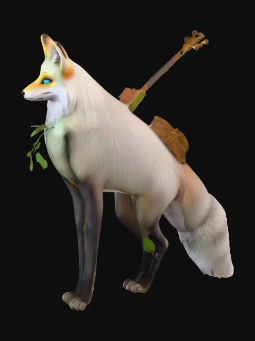 3D model for #Halloween2025#, species anthropomorphic_fox
fur_color gray
sex female
eye_color blue
hair_length long
body_covering few_leaf_clusters
leaf_density minimal
leaf_growth_location torso_and_upper_thighs_only
visible_limbs legs_and_paws_visible
leg_length long
pose location_forest
instrument_type ancient_lute
instrument_position behind_back
lute_strap_position left_shoulder
view full_body