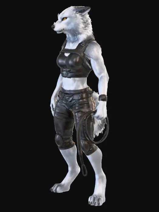 3D model for model_must_render_character_named_Mistress_Vylara
species_is_anthropomorphic_silver_furred_wolf
age_is_27_years_adult
appearance_build_is_athletic
appearance_fur_is_silver_with_visible_texture
appearance_eyes_have_intense_hunter_gaze
appearance_outfit_is_dark_leather_rogue_style_with_short_fitted_pants_and_cropped_top
appearance_accessories_include_whip_in_one_hand_other_hand_empty
appearance_legs_are_digigrade_wolf_like_without_boots
gesture_visual_tail_moves_slowly
expression_visual_includes_lingering_blink_and_appraising_smile
mood_signals_visual_flat_ears_flicking_tail_stiff_posture
pose_is_full_body_front_or_three_quarters_view
environment_is_neutral_background
details_include_silver_fur_athletic_build_dark_leather_shorts_and_cropped_top_digigrade_legs_whip_tail_and_expressive_eyes