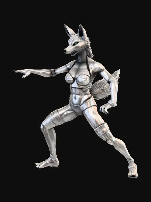 3D model for Mistress Vylara is an athletic and commanding anthropomorphic wolf, known for her keen instincts and unyielding dominance. Her fur is a striking silver, and her eyes reflect the cool, calculated gaze of a hunter. She thrives on control and power, relishing in the training and shaping of new slaves. Vylara is a lesbian, preferring female slaves, though she may use males as a demonstration of dominance.