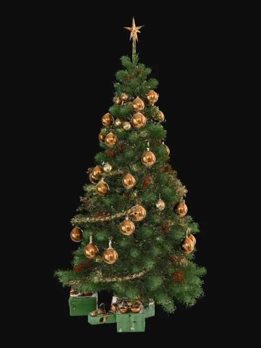 3D model for A tall decorated Christmas tree in ancient Roman style, standing outdoors in an open Roman plaza. The tree is natural green pine with a healthy, realistic shape. Decorations are balanced and festive: laurel ribbons, a moderate number of bronze ornaments, a few gold highlights, and subtle magitech crystals that add a soft glow. The tree topper is a glowing laurel crown that looks elegant, not heavy. The tree still looks like a real Christmas tree, not covered in excessive gold. At the base are Roman-style gifts such as small wooden chests and scroll tubes with faint rune seals. The plaza has marble columns, statues, and torchlight mixed with gentle magitech illumination.
, #Christmas2025#