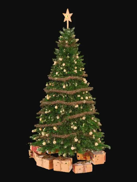 3D model for A tall, richly decorated Christmas tree in ancient Roman style, standing outdoors in an open plaza of a fennec praetoria. The tree is natural green pine with a full, realistic shape. It has festive garlands made of pine, laurel, and bronze accents, plus balanced decorations: bronze and gold ornaments, laurel ribbons, and subtle magitech crystals that glow softly. Gold is present but not excessive. The topper is a glowing laurel crown. At the base are Roman-style gifts such as wooden chests and scroll tubes with faint rune seals. The plaza has marble columns, statues, and torchlight mixed with gentle magitech illumination, giving the scene a grand but natural festive look.
, #Christmas2025#