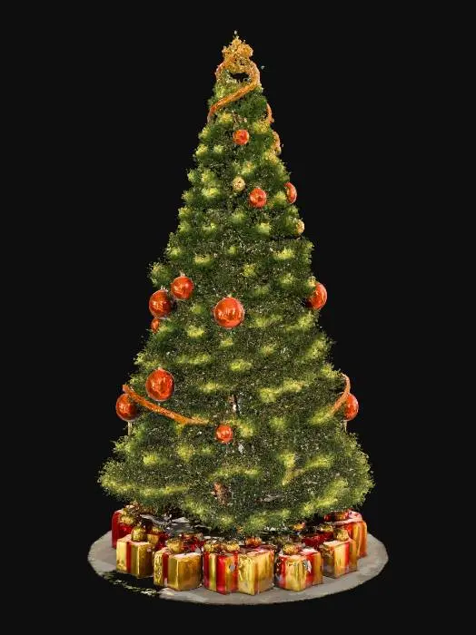 3D model for A tall decorated Christmas tree in ancient Roman style, standing outdoors in an open Roman plaza. The tree is natural green pine with a healthy, realistic shape. Decorations are balanced and festive: laurel ribbons, a moderate number of bronze ornaments, a few gold highlights, and subtle magitech crystals that add a soft glow. The tree topper is a glowing laurel crown that looks elegant, not heavy. The tree still looks like a real Christmas tree, not covered in excessive gold. At the base are Roman-style gifts such as small wooden chests and scroll tubes with faint rune seals. The plaza has marble columns, statues, and torchlight mixed with gentle magitech illumination.
, #Christmas2025#