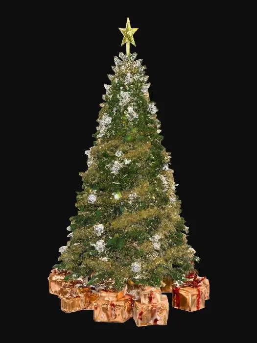 3D model for A tall, richly decorated Christmas tree in ancient Roman style, standing outdoors in an open plaza of a fennec praetoria. The tree is natural green pine with a full, realistic shape. It has festive garlands made of pine, laurel, and bronze accents, plus balanced decorations: bronze and gold ornaments, laurel ribbons, and subtle magitech crystals that glow softly. Gold is present but not excessive. The topper is a glowing laurel crown. At the base are Roman-style gifts such as wooden chests and scroll tubes with faint rune seals. The plaza has marble columns, statues, and torchlight mixed with gentle magitech illumination, giving the scene a grand but natural festive look.
, #Christmas2025#