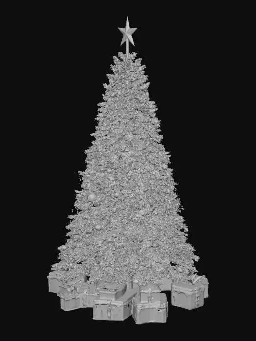 3D model for A tall, richly decorated Christmas tree in ancient Roman style, standing outdoors in an open plaza of a fennec praetoria. The tree is natural green pine with a full, realistic shape. It has festive garlands made of pine, laurel, and bronze accents, plus balanced decorations: bronze and gold ornaments, laurel ribbons, and subtle magitech crystals that glow softly. Gold is present but not excessive. The topper is a glowing laurel crown. At the base are Roman-style gifts such as wooden chests and scroll tubes with faint rune seals. The plaza has marble columns, statues, and torchlight mixed with gentle magitech illumination, giving the scene a grand but natural festive look.
, #Christmas2025#