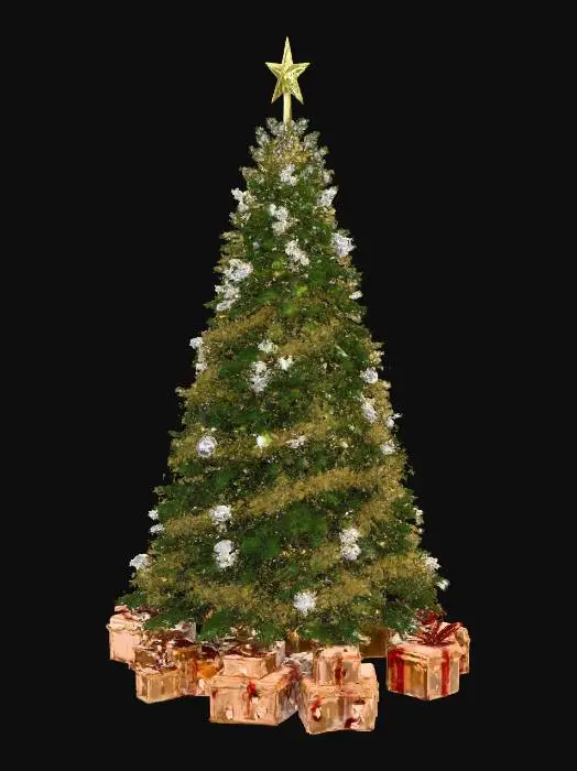 3D model for A tall, richly decorated Christmas tree in ancient Roman style, standing outdoors in an open plaza of a fennec praetoria. The tree is natural green pine with a full, realistic shape. It has festive garlands made of pine, laurel, and bronze accents, plus balanced decorations: bronze and gold ornaments, laurel ribbons, and subtle magitech crystals that glow softly. Gold is present but not excessive. The topper is a glowing laurel crown. At the base are Roman-style gifts such as wooden chests and scroll tubes with faint rune seals. The plaza has marble columns, statues, and torchlight mixed with gentle magitech illumination, giving the scene a grand but natural festive look.
, #Christmas2025#