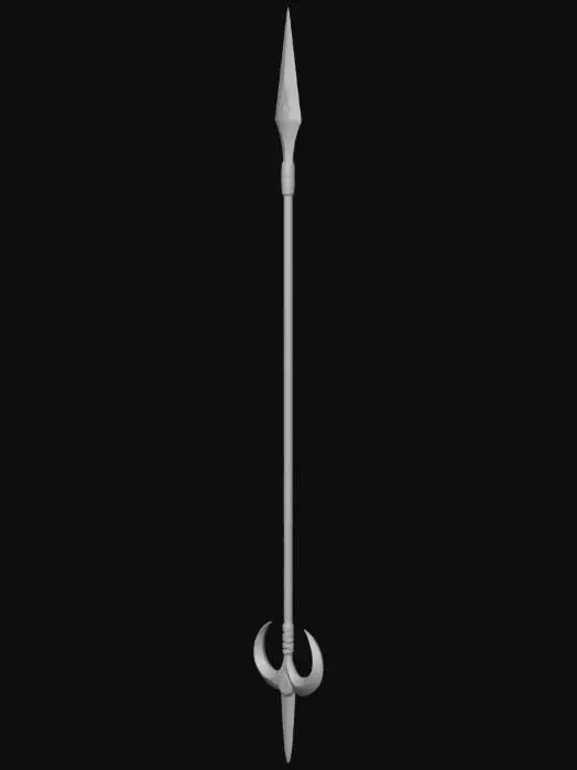 3D model for A single weapon clearly shaped as a spear. It has a long, thin, straight obsidian haft with a smooth, glass‑like surface, slender and weapon‑like. Narrow gold reliefs run along it without adding bulk. At the top sits a sharp, gold‑plated crescent glaive blade, thin, pointed, and functional for cutting and thrusting. The bottom features two small, symmetrical metal crescent blades forming a light, functional spear foot, not a heavy stand. The silhouette must stay unmistakably spear‑like: long narrow haft, sharp crescent blade above, minimal foot below. Display it on a plain neutral background with clear lighting.