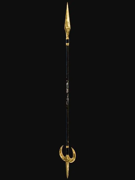 3D model for A single weapon clearly shaped as a spear. It has a long, thin, straight obsidian haft with a smooth, glass‑like surface, slender and weapon‑like. Narrow gold reliefs run along it without adding bulk. At the top sits a sharp, gold‑plated crescent glaive blade, thin, pointed, and functional for cutting and thrusting. The bottom features two small, symmetrical metal crescent blades forming a light, functional spear foot, not a heavy stand. The silhouette must stay unmistakably spear‑like: long narrow haft, sharp crescent blade above, minimal foot below. Display it on a plain neutral background with clear lighting.