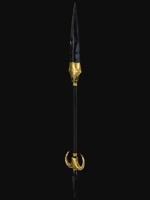 3D model for A single weapon clearly shaped as a spear. It has a long, thin, straight obsidian haft with a smooth, glass‑like surface, slender and weapon‑like. Narrow gold reliefs run along it without adding bulk. At the top sits a sharp, gold‑plated crescent glaive blade, thin, pointed, and functional for cutting and thrusting. The bottom features two small, symmetrical metal crescent blades forming a light, functional spear foot, not a heavy stand. The silhouette must stay unmistakably spear‑like: long narrow haft, sharp crescent blade above, minimal foot below. Display it on a plain neutral background with clear lighting.