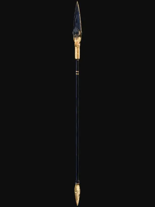 3D model for A single weapon clearly shaped as a spear. It has a long, thin, straight obsidian haft with a smooth, glass‑like surface, slender and weapon‑like. Narrow gold reliefs run along it without adding bulk. At the top sits a sharp, gold‑plated crescent glaive blade, thin, pointed, and functional for cutting and thrusting. The bottom features two small, symmetrical metal crescent blades forming a light, functional spear foot, not a heavy stand. The silhouette must stay unmistakably spear‑like: long narrow haft, sharp crescent blade above, minimal foot below. Display it on a plain neutral background with clear lighting.