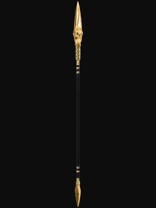 3D model for A single weapon clearly shaped as a spear. It has a long, thin, straight obsidian haft with a smooth, glass‑like surface, slender and weapon‑like. Narrow gold reliefs run along it without adding bulk. At the top sits a sharp, gold‑plated crescent glaive blade, thin, pointed, and functional for cutting and thrusting. The bottom features two small, symmetrical metal crescent blades forming a light, functional spear foot, not a heavy stand. The silhouette must stay unmistakably spear‑like: long narrow haft, sharp crescent blade above, minimal foot below. Display it on a plain neutral background with clear lighting.