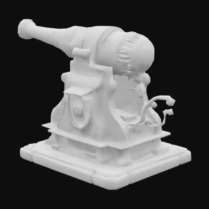 3D model for A big, chunky magitek stationary cannon, without any wheels, solid base, carved from magi-conductive stone. No background, with very long integrated muzzle.