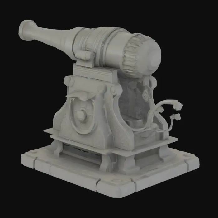 3D model for A big, chunky magitek stationary cannon, without any wheels, solid base, carved from magi-conductive stone. No background, with very long integrated muzzle.