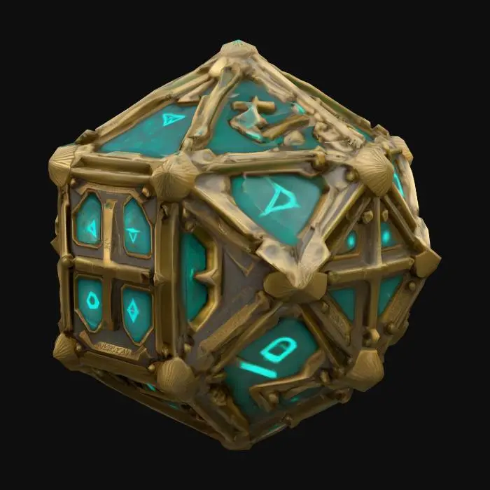 3D model for A small, floating magitek construct with a geometric body dodecahedron, made of aged brass or enchanted metal. Its surface is etched with glowing turquoise runes. No limbs or arms, just the core body. Designed by an empire blending arcane and early industrial tech. Weathered, mystical look. Transparent background.
