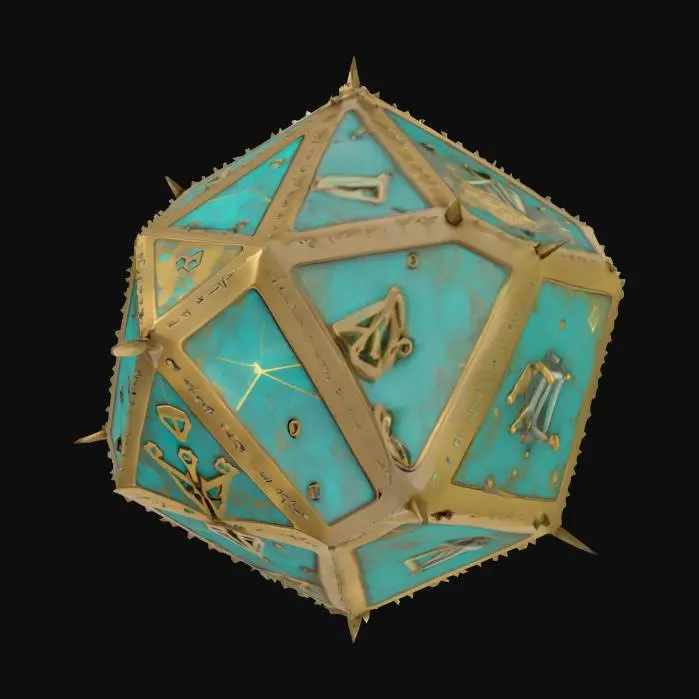 3D model for A small, floating magitek construct with a geometric body dodecahedron, made of aged brass or enchanted metal. Its surface is etched with glowing turquoise runes. No limbs or arms, just the core body. Designed by an empire blending arcane and early industrial tech. Weathered, mystical look. Transparent background.