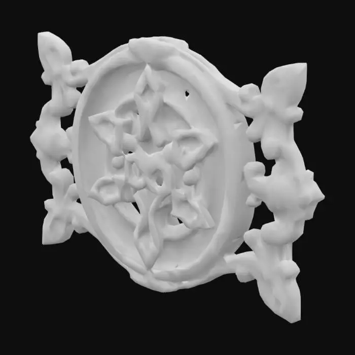 3D model for A single glowing magitek rune etched into aged brass. It glows with soft turquoise light and blends arcane curves with mechanical symmetry. Ancient, experimental design. Displayed on a plain or transparent background.