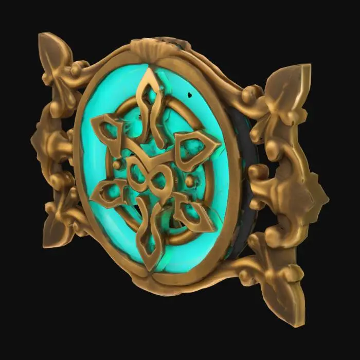 3D model for A single glowing magitek rune etched into aged brass. It glows with soft turquoise light and blends arcane curves with mechanical symmetry. Ancient, experimental design. Displayed on a plain or transparent background.