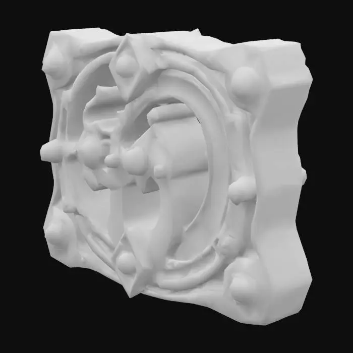 3D model for A single glowing magitek rune etched into aged brass. It glows with soft turquoise light and blends arcane curves with mechanical symmetry. Ancient, experimental design. Displayed on a plain or transparent background.