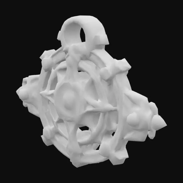 3D model for A single glowing magitek rune etched into aged brass. It glows with soft turquoise light and blends arcane curves with mechanical symmetry. Ancient, experimental design. Displayed on a plain or transparent background.