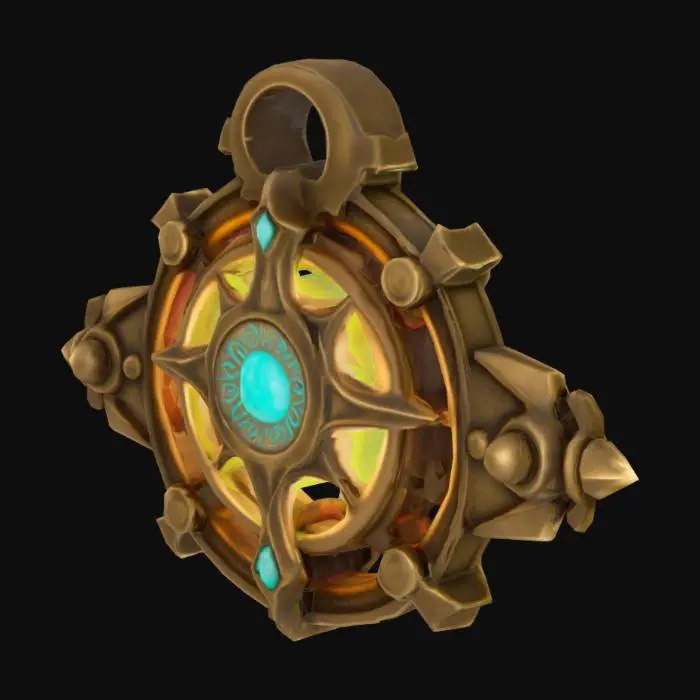 3D model for A single glowing magitek rune etched into aged brass. It glows with soft turquoise light and blends arcane curves with mechanical symmetry. Ancient, experimental design. Displayed on a plain or transparent background.