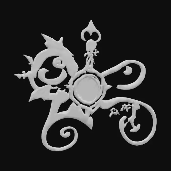 3D model for A single glowing magitek rune etched into aged brass. It glows with soft turquoise light and blends arcane curves with mechanical symmetry. Ancient, experimental design. Displayed on a plain or transparent background.