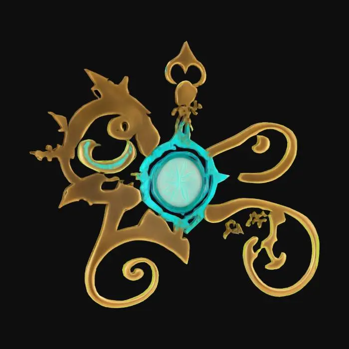 3D model for A single glowing magitek rune etched into aged brass. It glows with soft turquoise light and blends arcane curves with mechanical symmetry. Ancient, experimental design. Displayed on a plain or transparent background.