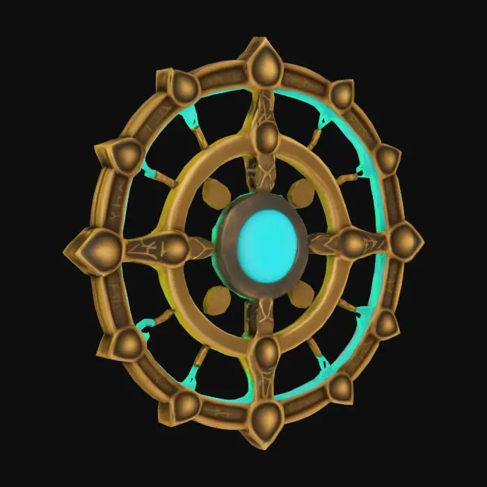 3D model for A single glowing magitek rune etched into aged brass. It glows with soft turquoise light and blends arcane curves with mechanical symmetry. Ancient, experimental design. Displayed on a plain or transparent background.
