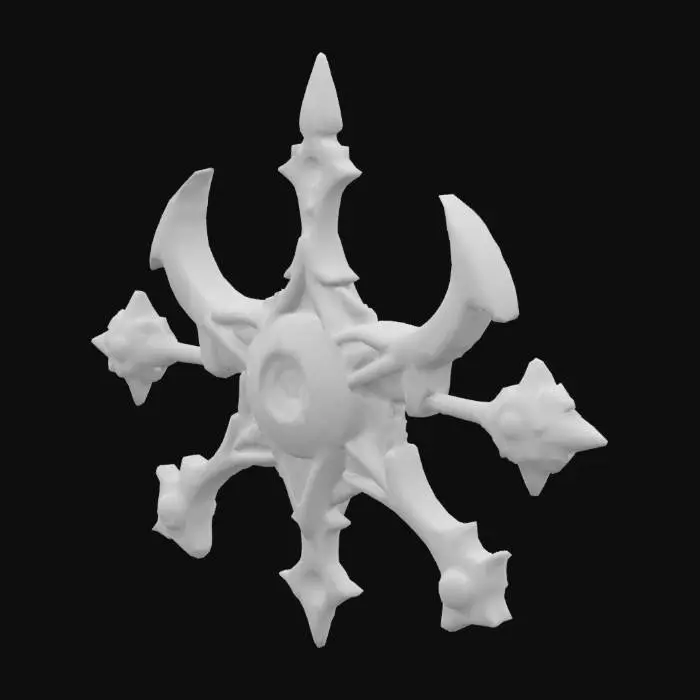 3D model for A single glowing magitek rune etched into aged brass. It glows with soft turquoise light and blends arcane curves with mechanical symmetry. Ancient, experimental design. Displayed on a plain or transparent background.