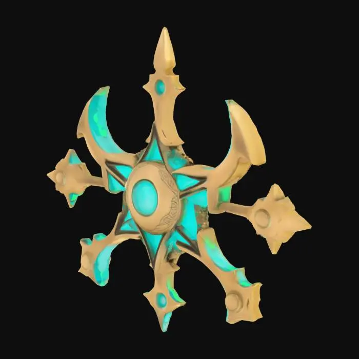 3D model for A single glowing magitek rune etched into aged brass. It glows with soft turquoise light and blends arcane curves with mechanical symmetry. Ancient, experimental design. Displayed on a plain or transparent background.