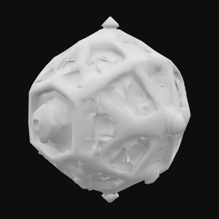 3D model for A small, floating magitek construct with a geometric body dodecahedron, made of aged brass or enchanted metal. Its surface is etched with glowing turquoise runes. No limbs or arms, just the core body. Designed by an empire blending arcane and early industrial tech. Weathered, mystical look. Transparent background.