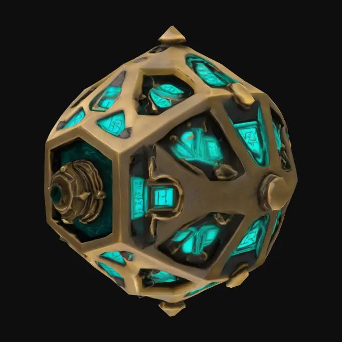 3D model for A small, floating magitek construct with a geometric body dodecahedron, made of aged brass or enchanted metal. Its surface is etched with glowing turquoise runes. No limbs or arms, just the core body. Designed by an empire blending arcane and early industrial tech. Weathered, mystical look. Transparent background.