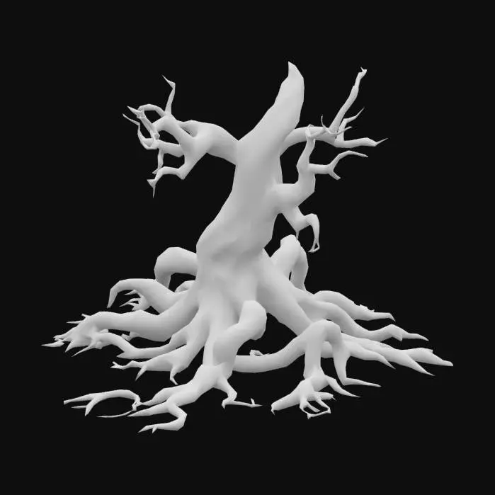 3D model for Twisted, corrupted roots snaking across the ground or emerging from soil. Dark, gnarled wood with glowing red or green veins, pulsing as if alive. Some roots split open, oozing black ichor or mist. They writhe like tendrils, corrupted by dark magic. Horror-fantasy style, eerie and unnatural.