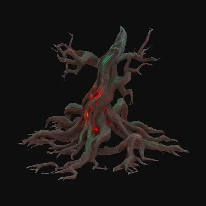 3D model for Twisted, corrupted roots snaking across the ground or emerging from soil. Dark, gnarled wood with glowing red or green veins, pulsing as if alive. Some roots split open, oozing black ichor or mist. They writhe like tendrils, corrupted by dark magic. Horror-fantasy style, eerie and unnatural.