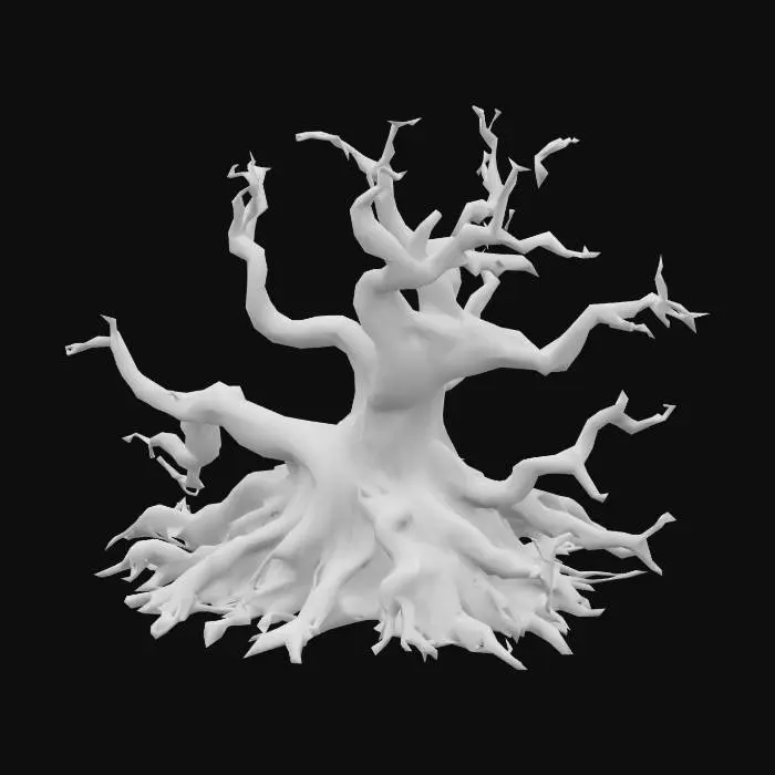 3D model for Twisted, corrupted roots snaking across the ground or emerging from soil. Dark, gnarled wood with glowing red or green veins, pulsing as if alive. Some roots split open, oozing black ichor or mist. They writhe like tendrils, corrupted by dark magic. Horror-fantasy style, eerie and unnatural.