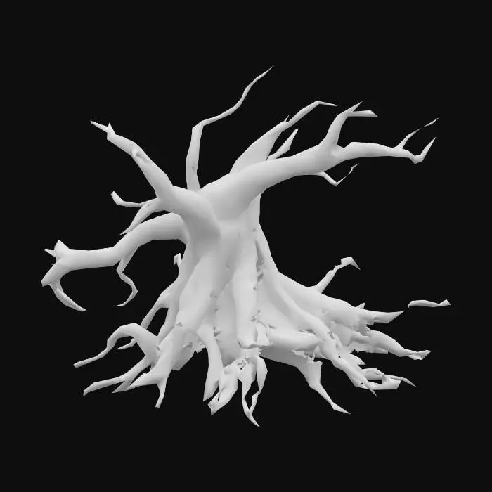3D model for Twisted, corrupted roots snaking across the ground or emerging from soil. Dark, gnarled wood with glowing red or green veins, pulsing as if alive. Some roots split open, oozing black ichor or mist. They writhe like tendrils, corrupted by dark magic. Horror-fantasy style, eerie and unnatural.