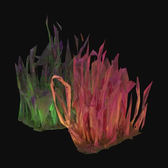 3D model for Blighted, corrupted grass with dark, brittle blades tinged with sickly purple or green. Patches glow faintly or ooze with toxic fluid. Some blades twist unnaturally, as if warped by dark magic. The ground beneath is cracked or slimy, radiating a cursed, unnatural aura. Horror-fantasy style, eerie and diseased.