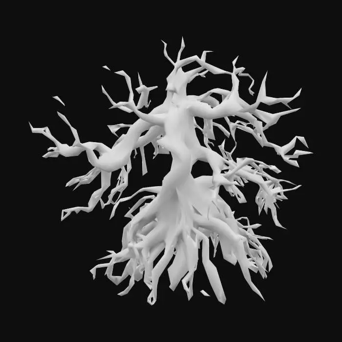 3D model for Twisted, corrupted roots snaking across the ground or emerging from soil. Dark, gnarled wood with glowing red or green veins, pulsing as if alive. Some roots split open, oozing black ichor or mist. They writhe like tendrils, corrupted by dark magic. Horror-fantasy style, eerie and unnatural.
