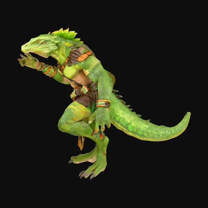 3D model for Lizardman warrior, muscular build, standing in a dynamic heroic pose, bare handed with sharp claws extended like a martial artist ready for battle. Wearing Aztec-inspired clothing: ornamental loincloth, decorative belts, feathered accents and jewelry. Green scales, green eyes, proud and expressive reptilian face. Background of an ancient jungle or temple, dramatic lighting, epic and powerful atmosphere.