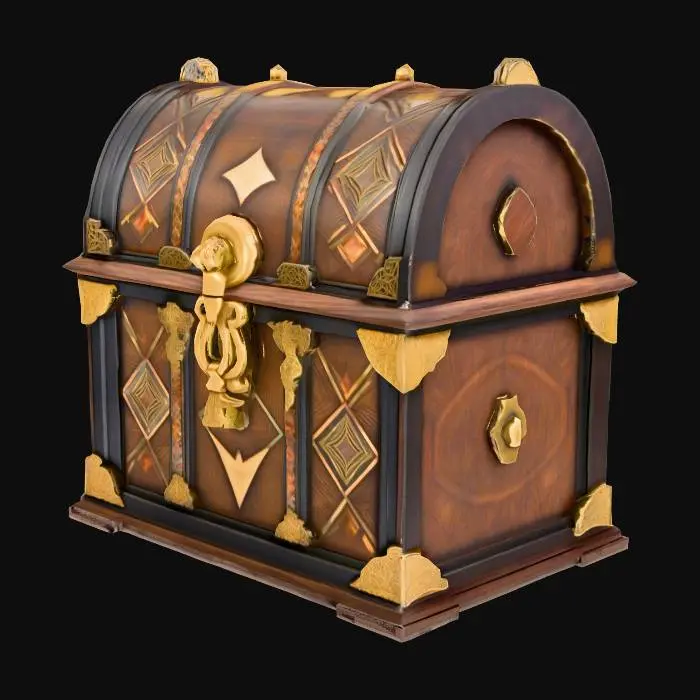 3D model for a large, ornate chest with shifting geometric patterns and metallic inlays that shimmer with iridescent colors.