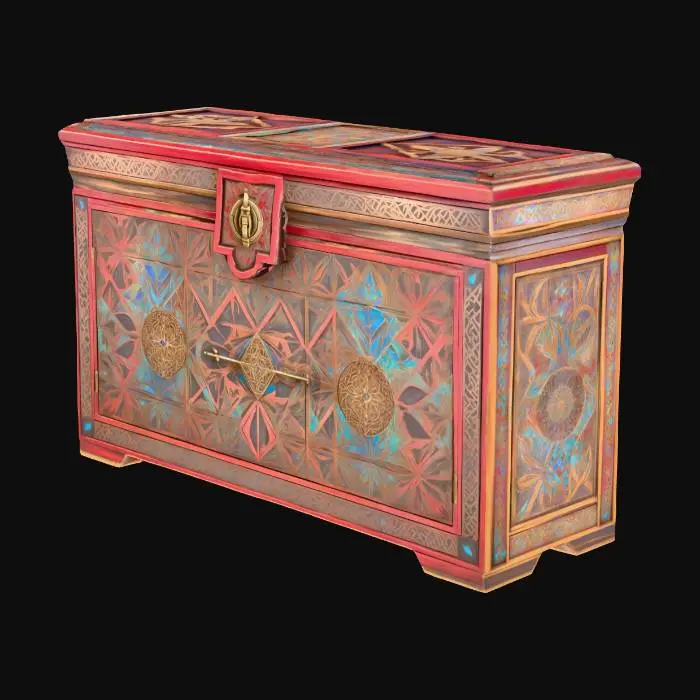 3D model for a large, ornate chest with shifting geometric patterns and metallic inlays that shimmer with iridescent colors.