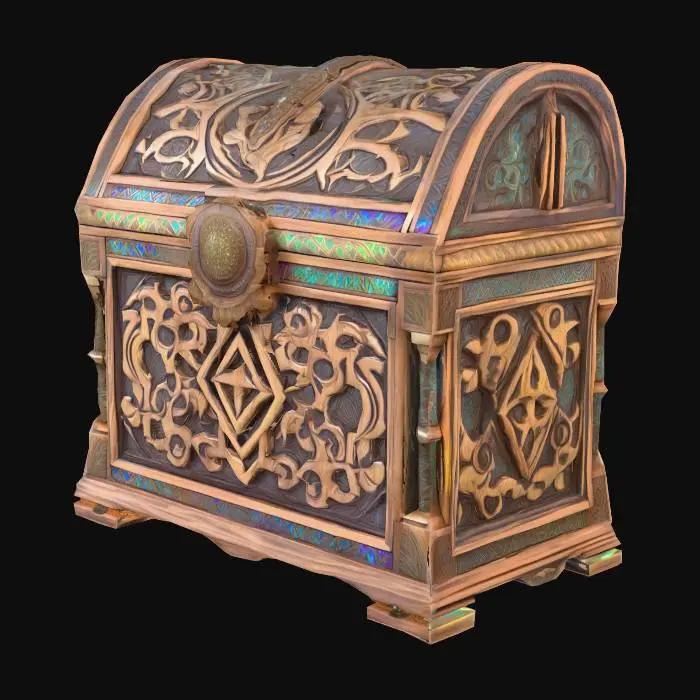 3D model for a large, ornate chest with shifting geometric patterns and metallic inlays that shimmer with iridescent colors.