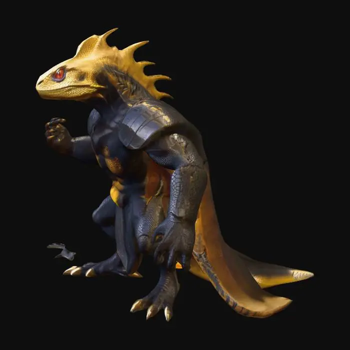 3D model for model_must_render_character_named_Obsidius
species_is_anthropomorphic_lizardfolk
stature_is_tall_and_muscular
scale_color_is_obsidian_black_with_mirrorlike_texture
rune_glow_is_sulfuric_amber
eyes_are_molten_gold
notable_features_include_jagged_spinal_ridge_thick_lizard_tail_reinforced_gauntlets
pose_is_full_body_front_or_three_quarters_view_anthropomorphic_not_feral
clothing_is_praetorian_senatorial_robes_dark_regal_with_runic_embroidery
expression_is_cruel_strategist_intimidating
presence_is_autocratic_ruler_commanding_silence
environment_is_neutral_background