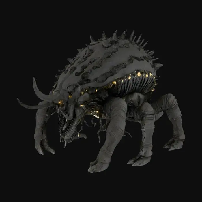 3D model for "The Mother Husk," depicted as a formidable, stylized creature in a gothic horror aesthetic. Its gigantic, quadrupedal form is composed of deep charcoal-grey, layered chitinous plates that are sharply angled and almost crystalline in texture, catching ambient light with a faint, eerie glow. Beneath the armor, skeletal structures of dark bone are visible, connected by thick, rope-like tendons that appear stretched and taut. The plates exhibit a slow, deliberate movement, like ancient petrified wood groaning with life, contributing to its revolting elegance in a gloomy, atmospheric setting.