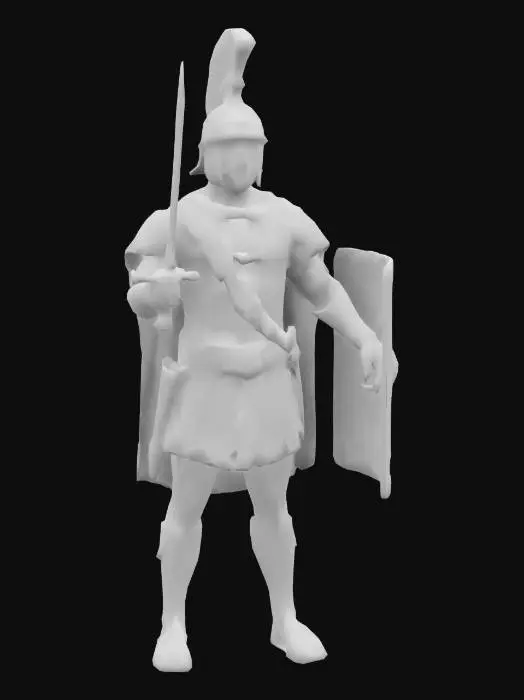 3D model for Create a detailed 3D model of a Roman infantryman in full armor, with a gladius sword and a rectangular shield. The soldier should be dressed in traditional Roman military attire, including a helmet with a crest, chainmail armor, a tunic, and sandals. The armor should have realistic detailing, with a bronze or steel look for the helmet and chest plate. The shield should be decorated with Roman symbols. Pose the character in a ready stance, ready for battle.