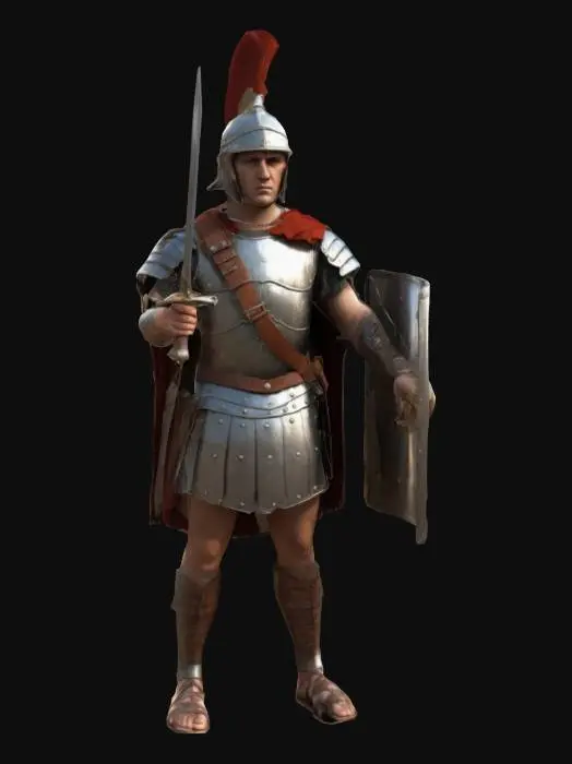 3D model for Create a detailed 3D model of a Roman infantryman in full armor, with a gladius sword and a rectangular shield. The soldier should be dressed in traditional Roman military attire, including a helmet with a crest, chainmail armor, a tunic, and sandals. The armor should have realistic detailing, with a bronze or steel look for the helmet and chest plate. The shield should be decorated with Roman symbols. Pose the character in a ready stance, ready for battle.
